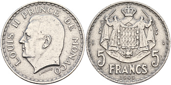 Монако 5 франков 1945 Луи II (1922-1949) KM 122 алюминий 4117-114