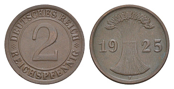 Германия 2 рейхспфеннига 1925 F KM 38, J. 314 бронза 4644-1062