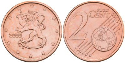 ФИНЛЯНДИЯ 2 ЕВРОЦЕНТА 2000 KM 99 сталь плакированная медью 68-1131