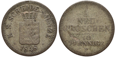 Саксония 1 новый грош - 10 пфеннигов 1848 Фридрих Август II (1797-1854) KM 1159, J. 82 серебро 75-128
