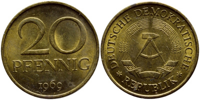 ГДР 20 пфеннигов 1969 А, первый год KM 11 латунь UNC 4398-233