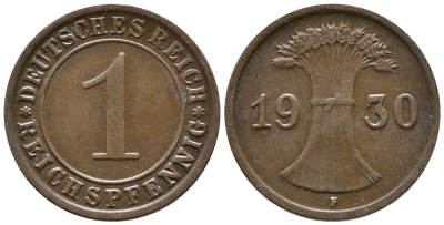 ГЕРМАНИЯ 1 РЕЙХСПФЕННИГ 1930 F KM 37, J. 313 бронза 39-1046