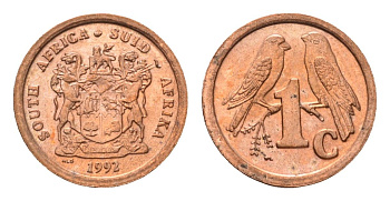 ЮАР 1 цент 1992 герб, капские воробьи KM 132 сталь плакированная медью UNC 4694-115