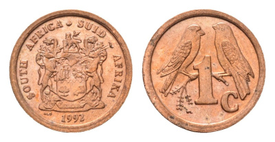 ЮАР 1 цент 1992 герб, капские воробьи KM 132 сталь плакированная медью UNC 4694-115