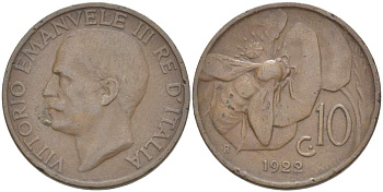 ИТАЛИЯ 10 ЧЕНТЕЗИМО 1922 R, МОНДВОР РИМ, ВИКТОР ЭММАНУИЛ III (1900-1946) KM 60 медь 4525-245