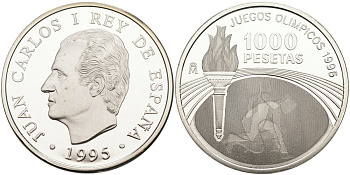 Испания 1000 песет 1995 XXVI олимпийские игры в Атланте 1996 года, в оригинальной деревянной коробке KM 952 серебро PROOF 3-4-7-19