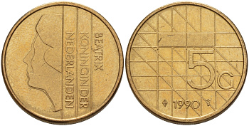 НИДЕРЛАНДЫ 5 ГУЛЬДЕНОВ 1990 БЕАТРИКС KM 210 никель плакированный бронзой 67-625