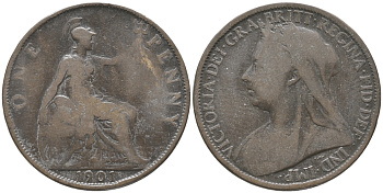 Великобритания 1 пенни 1901 Виктория (1837-1901) KM 790, Spink 3961 бронза 32-435