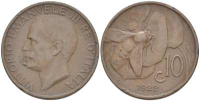 ИТАЛИЯ 10 ЧЕНТЕЗИМО 1922 R, МОНДВОР РИМ, ВИКТОР ЭММАНУИЛ III (1900-1946) KM 60 медь 4525-245
