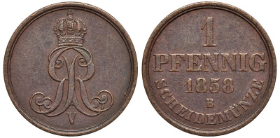 Ганновер 1 пфенниг 1858 B, Георг V KM 233, AKS 156, J. 90 медь 4594-213