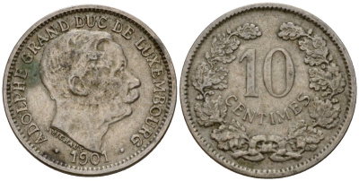 Люксембург 10 сантимов 1901 Адольф (1890-1905) KM 25 медно-никель 4602-442