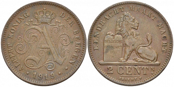 БЕЛЬГИЯ 2 САНТИМА 1919 BELGEN KM 65 медь 110-215