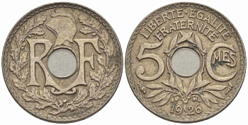 ФРАНЦИЯ 5 САНТИМОВ 1926 ТИП ЛИНДАЙЁ KM 875, LE FRANC 122.11 медно-никель 105-355