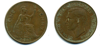 Великобритания 1 пенни 1947 Георг VI (1936-1952) KM 845, Spink 4114 медь 57-127