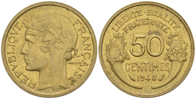 ФРАНЦИЯ 50 САНТИМОВ 1940 ТИП MORLON KM 894.1, LE FRANC 192.17 алюминиевая бронза 44-762