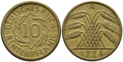 ГЕРМАНИЯ 10 РЕНТЕНПФЕННИГОВ 1924 А KM 33, J. 309, Weege 8 алюминиевая бронза 51-436