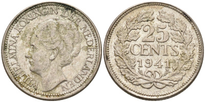 Нидерланды 25 центов 1941 Вильгельмина (1890-1948) KM 164 серебро 94-743