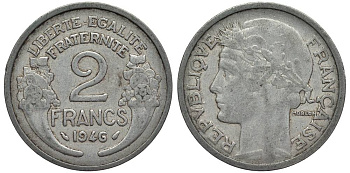 ФРАНЦИЯ 2 ФРАНКА 1946 ТИП MORLON KM 886а.1, LE FRANC 269.8 алюминий 27-822
