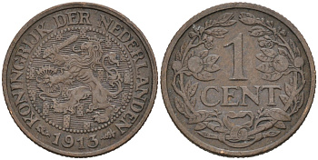 Нидерланды 1 цент 1913 Вильгельмина (1890-1948) KM 152 бронза 4576-668