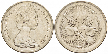 АВСТРАЛИЯ 5 ЦЕНТОВ 1980 ЕЛИЗАВЕТА II, МОЛОДОЙ ПОРТРЕТ, ЕХИДНА KM 64 медно-никель UNC 3851-1132