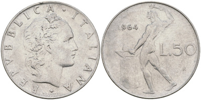 Италия 50 лир 1964 R, бог огня Вулкан у наковальни KM 95.1 нержавеющая сталь 4171-1024