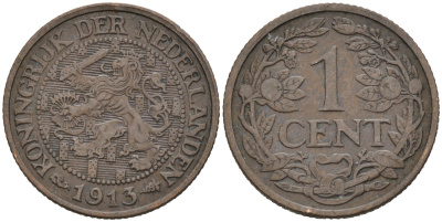 Нидерланды 1 цент 1913 Вильгельмина (1890-1948) KM 152 бронза 4576-668