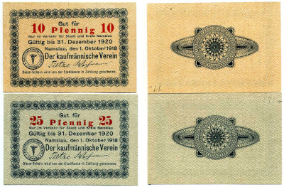 Намслау лот из 2 банкнот 1920 1 октября 1918 - 31 декабря 1920, нотгельд (10, 25 пфеннигов), земля Силезия бумага 2195-52-3-2