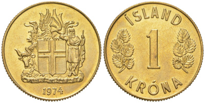 Исландия 1 крона 1974 KM 12a никель латунь aUNC 4169-1152