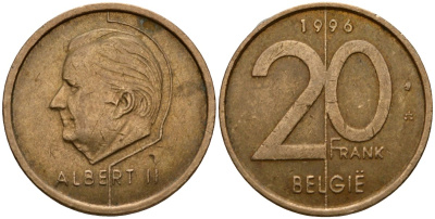 Бельгия 20 франков 1996 Belgie, Альберт II (1994-2013) KM 192 никель бронза 4599-234