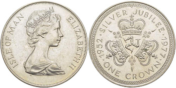 Остров Мэн 1 крона 1977 Серебряный юбилей правления королевы Елизаветы II, три короны KM 41 медно-никель UNC 4527-322