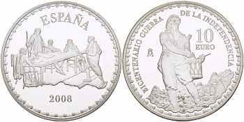 Испания 10 евро 2008 200 лет войне за независимость, Тимбалер дель Брук серебро PROOF 11-282-44