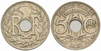 ФРАНЦИЯ 5 САНТИМОВ 1937 ТИП ЛИНДАЙЁ KM 875, LE FRANC 122.20 медно-никель 105-413