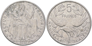 Французская Новая Каледония 5 франков 2003 птица кагу, (IEOM) KM 16, Schoen 12, Lec 81h алюминий 189-833