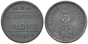 Вальдзее (Вюртемберг) 5 пфеннигов 1918 Funck 569.1, Men05 25956.1, Men18 32638.1 цинк 4379-535