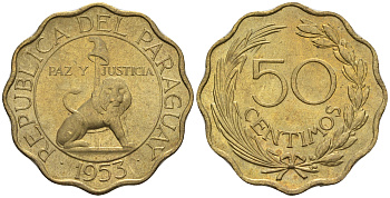 Парагвай 50 сентимо 1953 лев, фригийский колпак на шесте KM 28 алюминиевая бронза  aUNC  4177-737