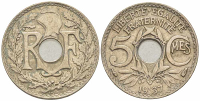 ФРАНЦИЯ 5 САНТИМОВ 1937 ТИП ЛИНДАЙЁ KM 875, LE FRANC 122.20 медно-никель 105-413