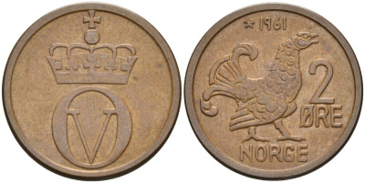 Норвегия 2 эре 1961 глухарь, Улаф V (1958-1991) KM 410 бронза UNC 4582-524