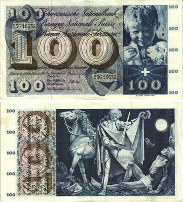 Швейцария 100 франков 1965 23 декабря 1965, серия 53 G, подпись 41 Pick 49 h бумага 8606-23-2-1