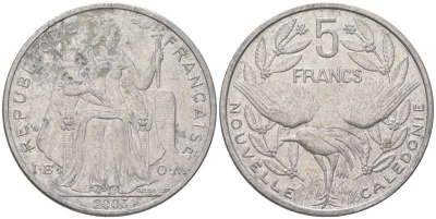 Французская Новая Каледония 5 франков 2003 птица кагу, (IEOM) KM 16, Schoen 12, Lec 81h алюминий 189-833