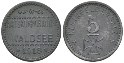 Вальдзее (Вюртемберг) 5 пфеннигов 1918 Funck 569.1, Men05 25956.1, Men18 32638.1 цинк 4379-535
