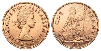 Великобритания 1 пенни 1967 Елизавета II (1952-2022) KM 897, Spink 4157 бронза 4389-923