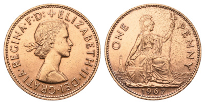 Великобритания 1 пенни 1967 Елизавета II (1952-2022) KM 897, Spink 4157 бронза 4389-923
