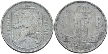 БЕЛЬГИЯ 1 ФРАНК 1943 BELGIQUE-BELGIE, ЛЕОПОЛЬД II (1934-1950), ГЕРМАНСКАЯ ОККУПАЦИЯ, ВТОРАЯ МИРОВАЯ ВОЙНА, В ЛАКЕ KM 127 цинк 202-935