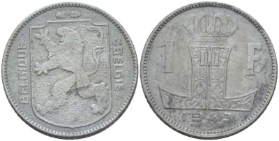 БЕЛЬГИЯ 1 ФРАНК 1943 BELGIQUE-BELGIE, ЛЕОПОЛЬД II (1934-1950), ГЕРМАНСКАЯ ОККУПАЦИЯ, ВТОРАЯ МИРОВАЯ ВОЙНА, В ЛАКЕ KM 127 цинк 202-935