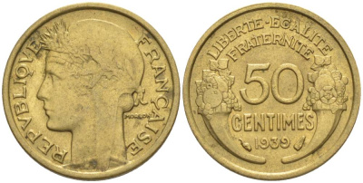 ФРАНЦИЯ 50 САНТИМОВ 1939 ТИП MORLON KM 894.1, LE FRANC 192.15 алюминиевая бронза 44-827