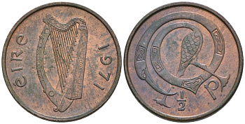 Ирландия 1/2 пенни 1971 птичка KM 19 бронза 192-1022
