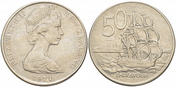 Новая Зеландия 50 центов 1974 Елизавета II (1952-2022), парусник Индевор KM 37.1 медно-никель 215-145