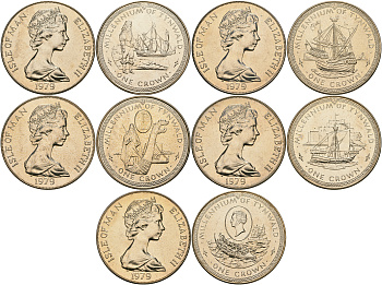 Остров Мэн набор из 5 монет по 1 кроне 1979 1000-летие парламента Тинвальда, в коробке KM 46, 47, 48, 49 , 50 медно-никель UNC 1-6-1-01