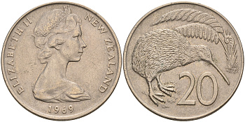 Новая Зеландия 20 центов 1969 Елизавета II (1952-2022), птичка киви KM 36.1 медно-никель  4599-1011