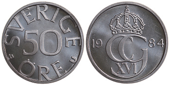 Швеция 50 эре 1984 U Карл XVI Густав (1973- ) KM 855 медно-никель UNC 4364-2124